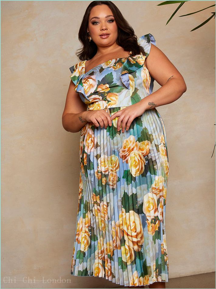  Plus Size Floral Print Ruffle Pleated Midi Dress in Blue 1643CBL