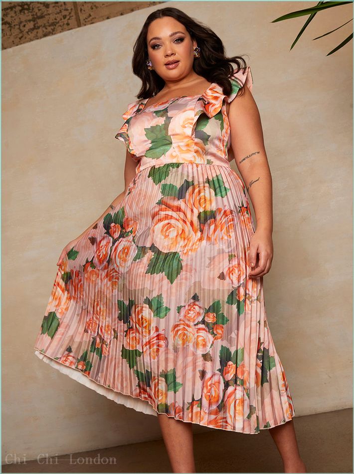  Plus Size Floral Print Ruffle Pleated Midi Dress in Pink 1643CMI