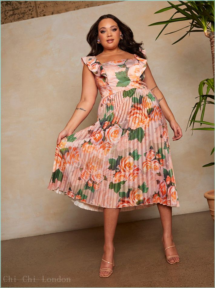  Plus Size Floral Print Ruffle Pleated Midi Dress in Pink 1643CMI