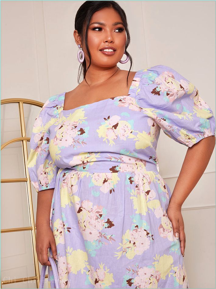  Plus Size Floral Printed Tie Back Maxi Dress in Blue HC1433DCBL