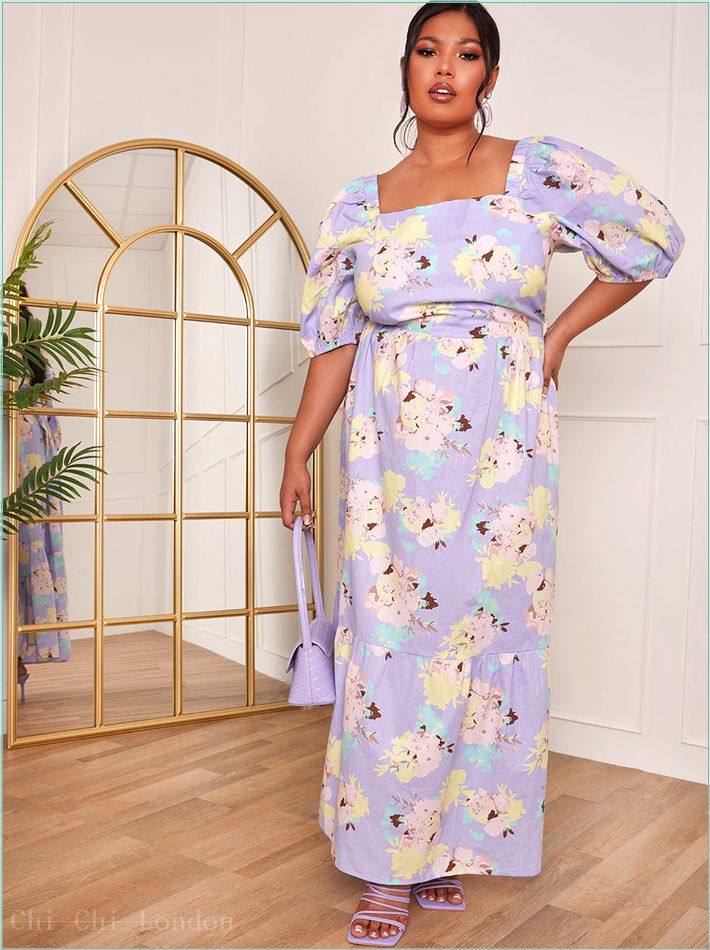  Plus Size Floral Printed Tie Back Maxi Dress in Blue HC1433DCBL