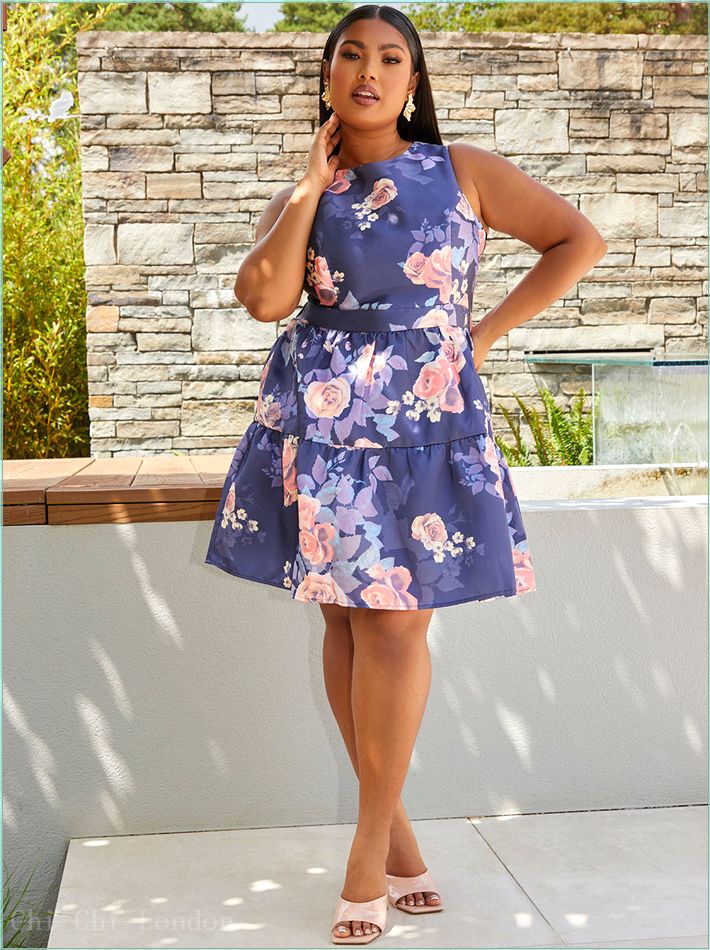  Plus Size Floral Printed Tiered Skirt Mini Dress in Navy 71256CNB