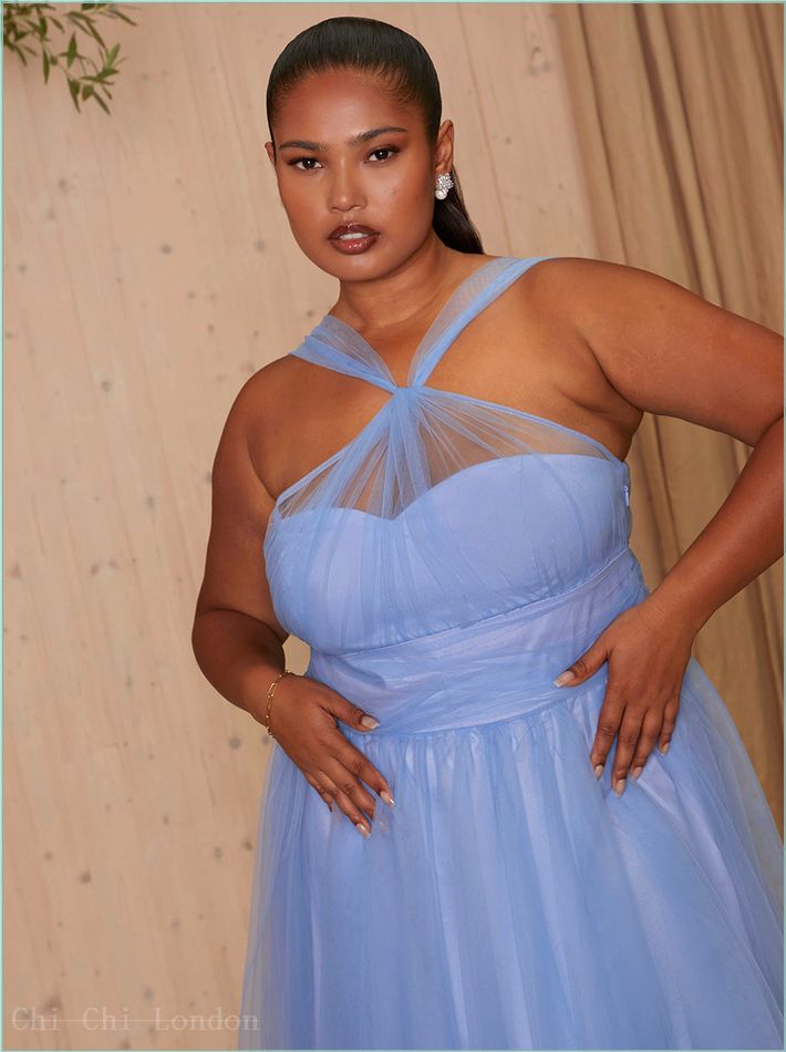  Plus Size Halter Neck Mesh Midi Dress in Blue 1866CBL