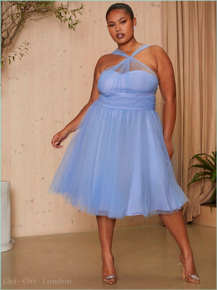  Plus Size Halter Neck Mesh Midi Dress in Blue 1866CBL