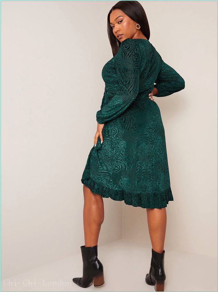  Plus Size Long Sleeve Animal Devore Wrap Dress in Green SM00017CGN