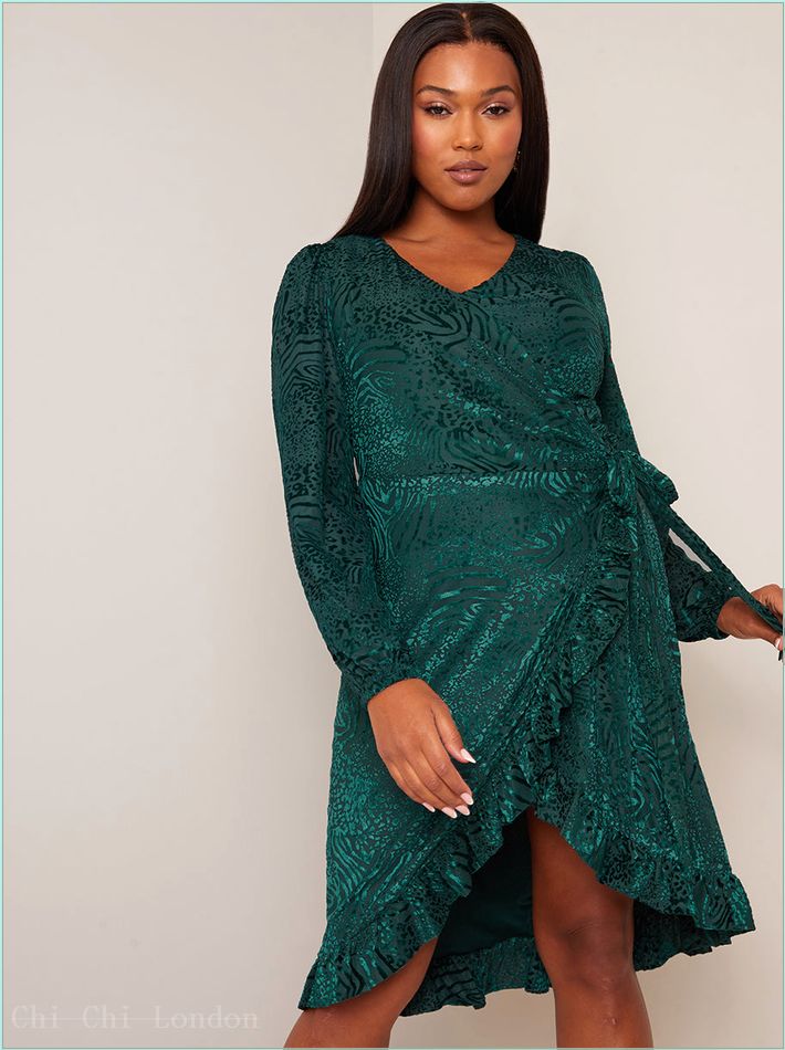  Plus Size Long Sleeve Animal Devore Wrap Dress in Green SM00017CGN