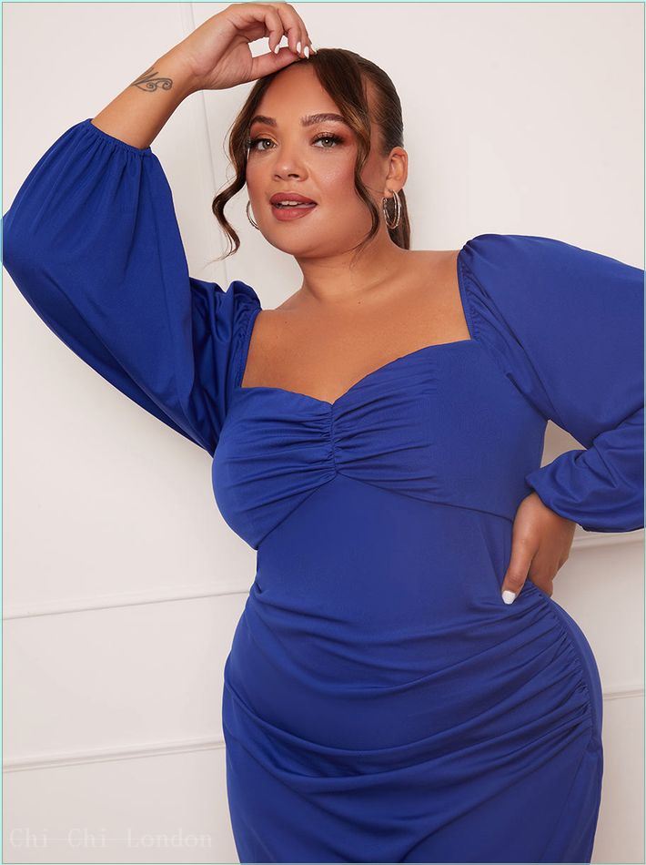  Plus Size Long Sleeve Bodycon Mini Dress in Blue 20424CBL