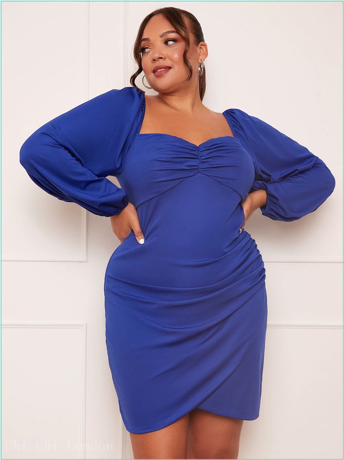  Plus Size Long Sleeve Bodycon Mini Dress in Blue 20424CBL