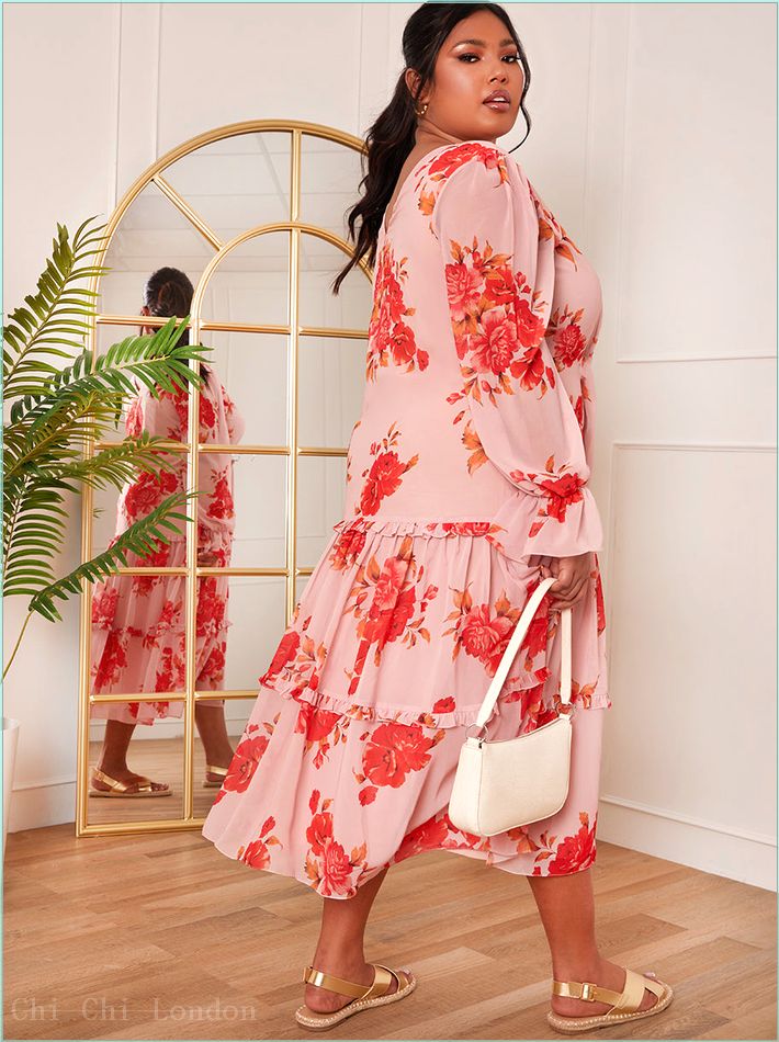  Plus Size Long Sleeve Floral Printed Midi Dress in Pink 71237CPI