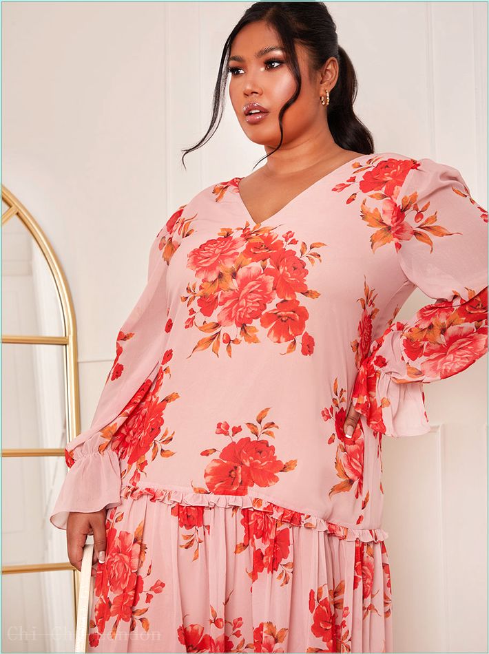  Plus Size Long Sleeve Floral Printed Midi Dress in Pink 71237CPI