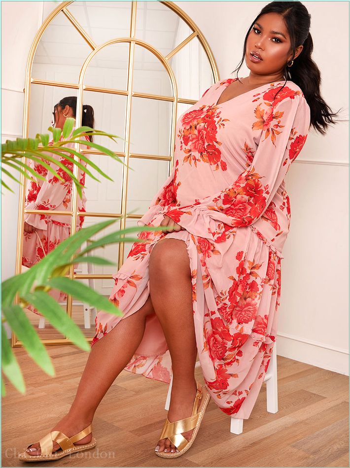  Plus Size Long Sleeve Floral Printed Midi Dress in Pink 71237CPI