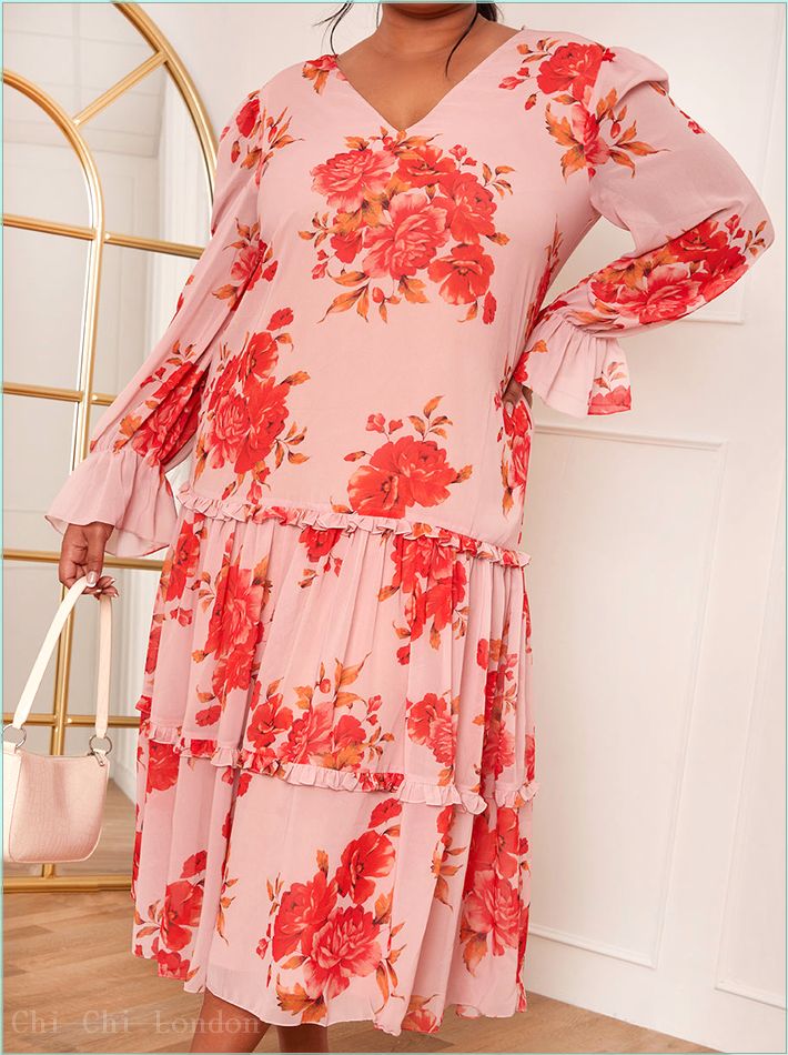  Plus Size Long Sleeve Floral Printed Midi Dress in Pink 71237CPI