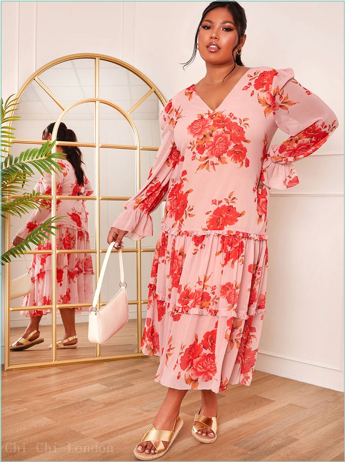  Plus Size Long Sleeve Floral Printed Midi Dress in Pink 71237CPI