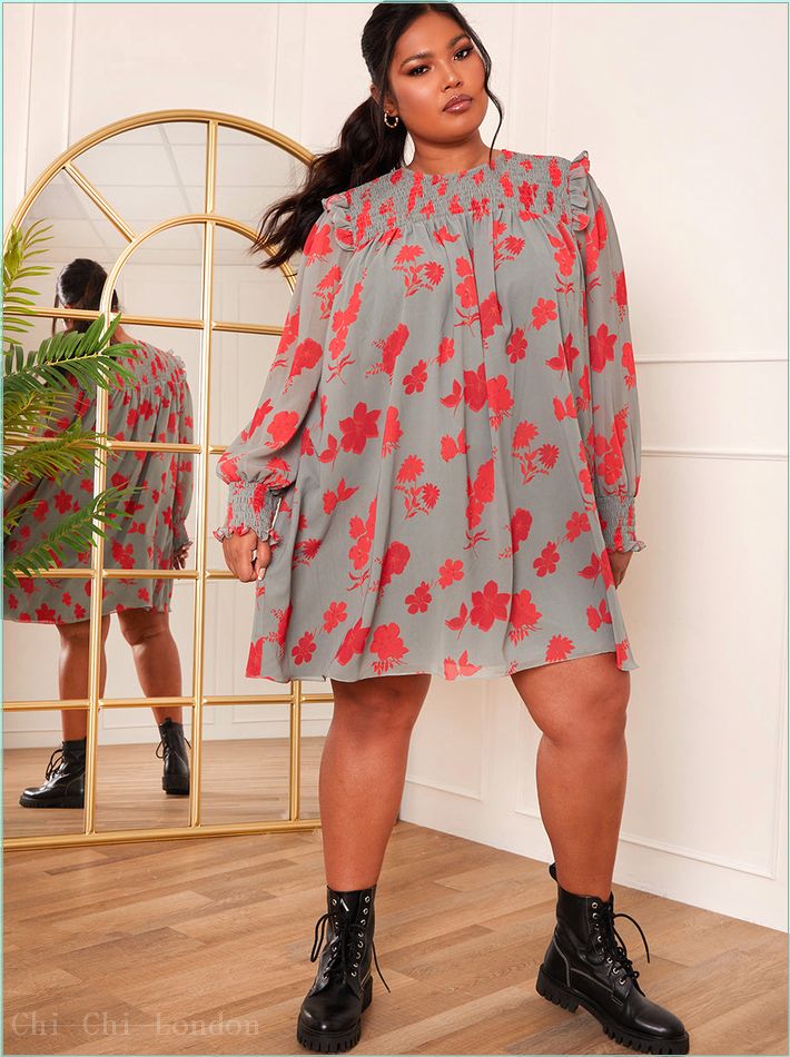  Plus Size Long Sleeve Floral Printed Mini Dress in Grey 20288CMU