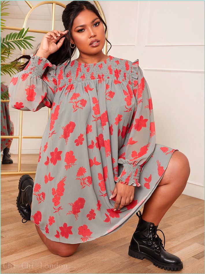  Plus Size Long Sleeve Floral Printed Mini Dress in Grey 20288CMU