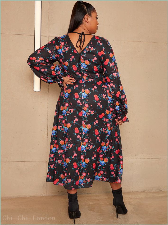  Plus Size Long Sleeve Plunge Floral Printed Midi Dress in Black 20418CBK