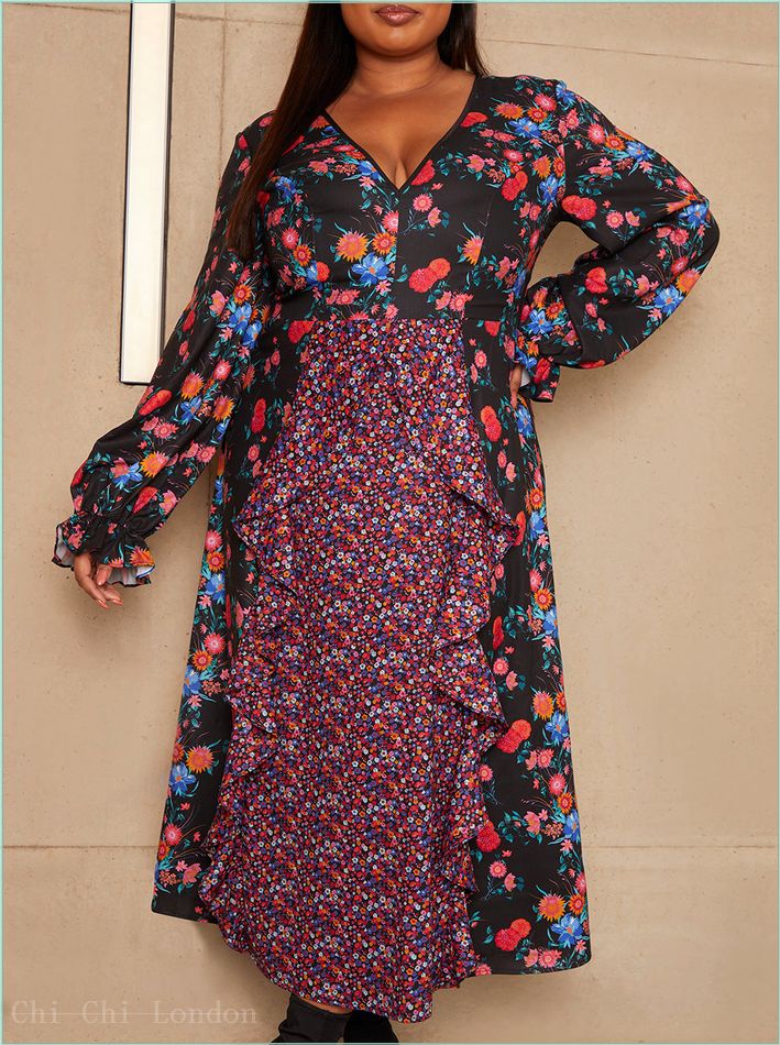  Plus Size Long Sleeve Plunge Floral Printed Midi Dress in Black 20418CBK