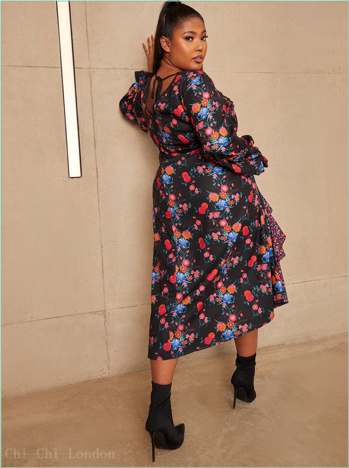  Plus Size Long Sleeve Plunge Floral Printed Midi Dress in Black 20418CBK