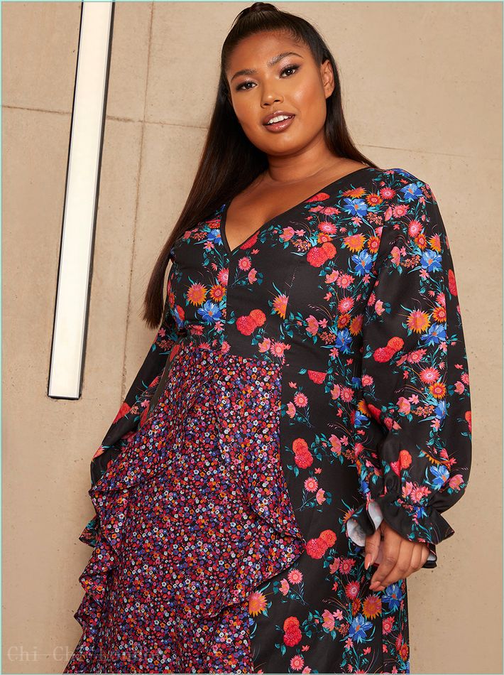  Plus Size Long Sleeve Plunge Floral Printed Midi Dress in Black 20418CBK