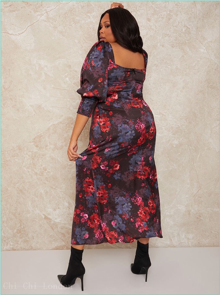  Plus Size Long Sleeve Square Neck Floral Midi Dress in Black 80926CBK