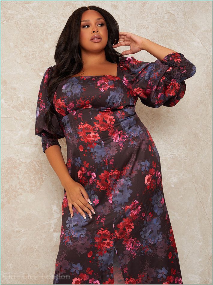  Plus Size Long Sleeve Square Neck Floral Midi Dress in Black 80926CBK