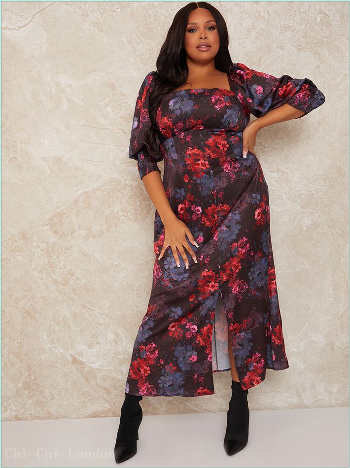  Plus Size Long Sleeve Square Neck Floral Midi Dress in Black 80926CBK