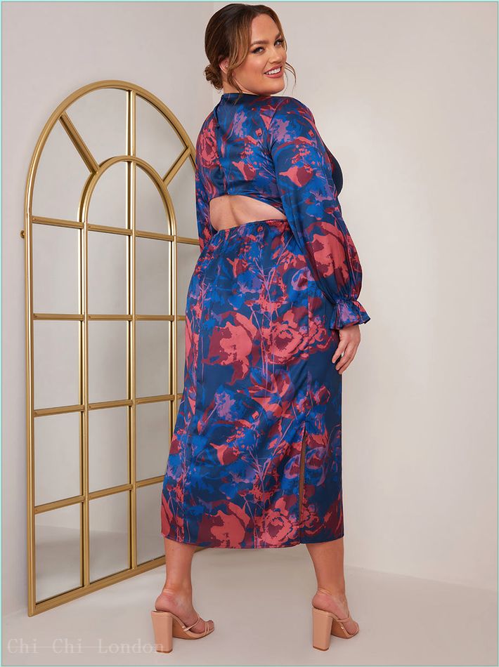  Plus Size Long Sleeve V Neck Floral Print Dress in Navy FA23105CNB