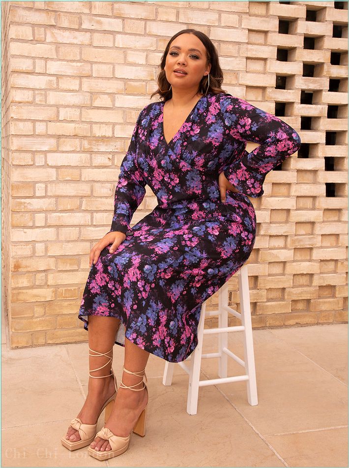  Plus Size Long Sleeve V Neck Floral Print Midi Dress in Black CT1005CBK