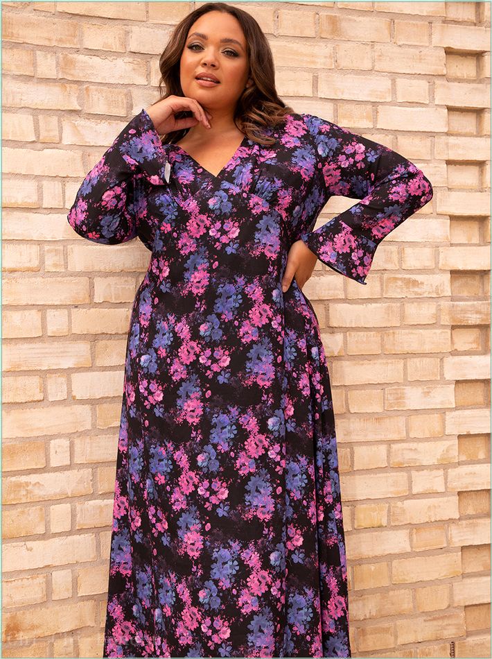  Plus Size Long Sleeve V Neck Floral Print Midi Dress in Black CT1005CBK