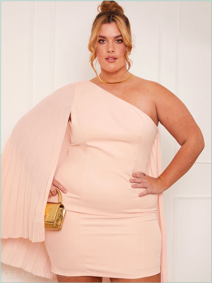  Plus Size One-Shoulder Cape Detail Mini Dress in Pink 1884COR