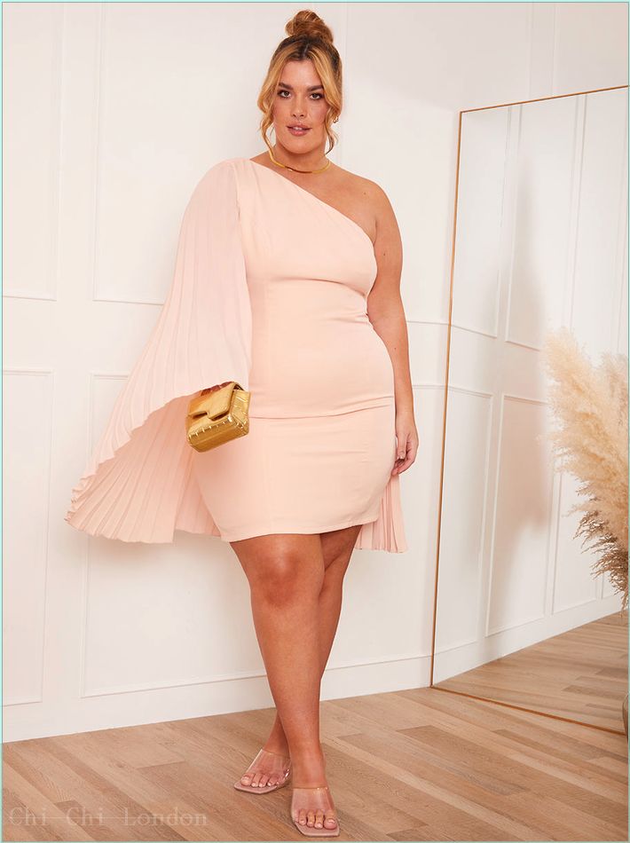  Plus Size One-Shoulder Cape Detail Mini Dress in Pink 1884COR