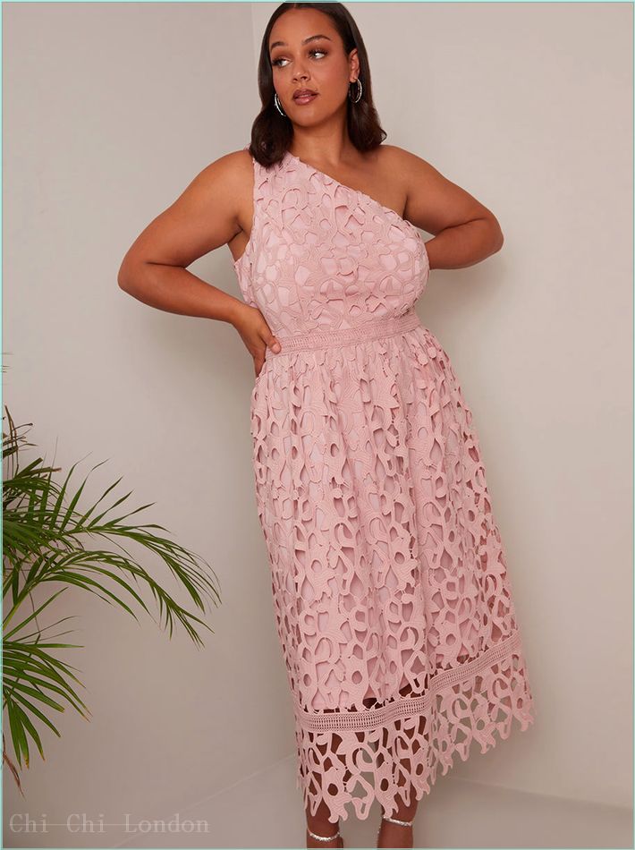  Plus Size One Shoulder Premium Lace Midi Dress in Blush MO0008CBU