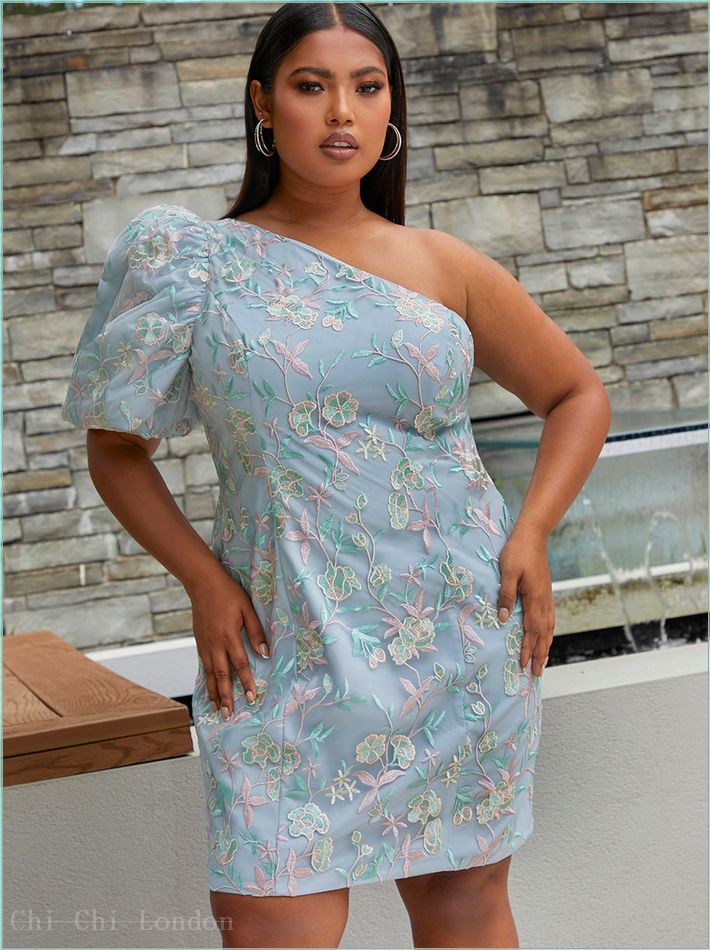  Plus Size One-Shoulder Puff Sleeve Floral Mini Dress in Blue 71276CMU