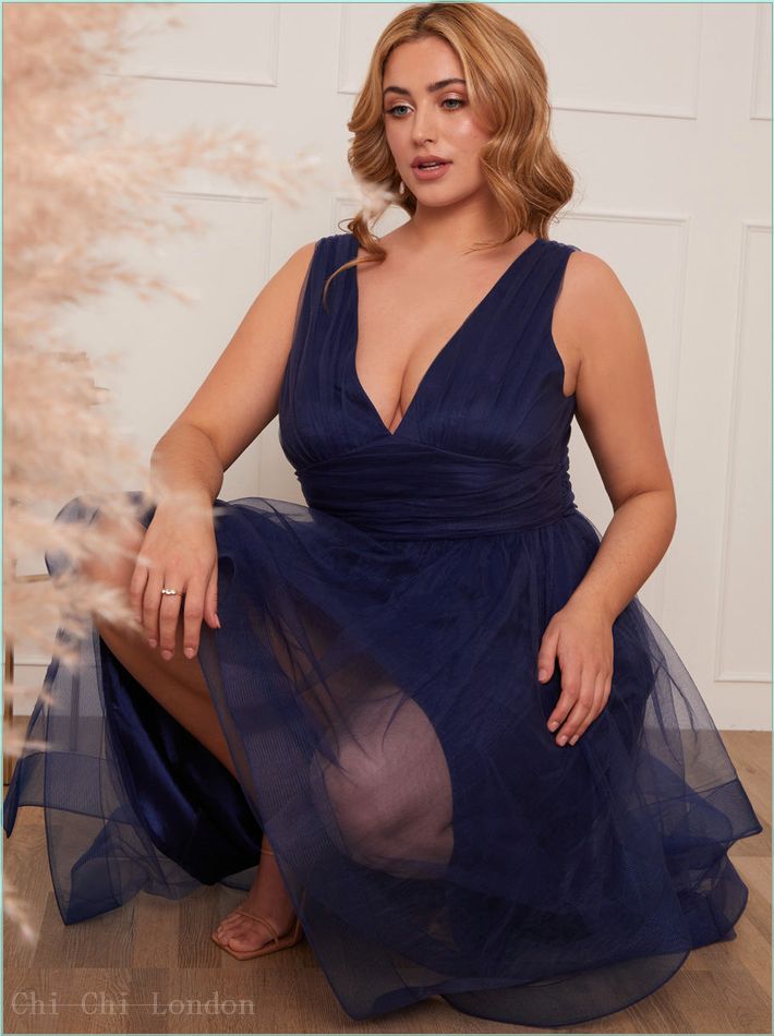  Plus Size Plunge Neck Tiered Tulle Dip Hem Dress in Navy 80713CNB