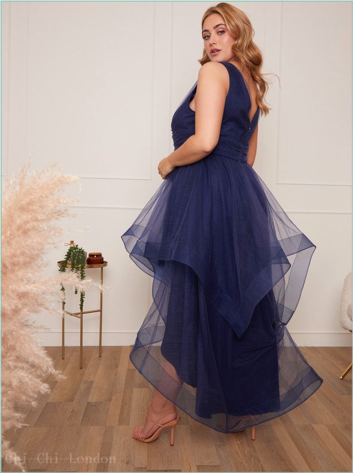  Plus Size Plunge Neck Tiered Tulle Dip Hem Dress in Navy 80713CNB