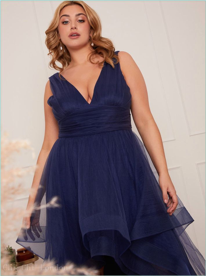  Plus Size Plunge Neck Tiered Tulle Dip Hem Dress in Navy 80713CNB