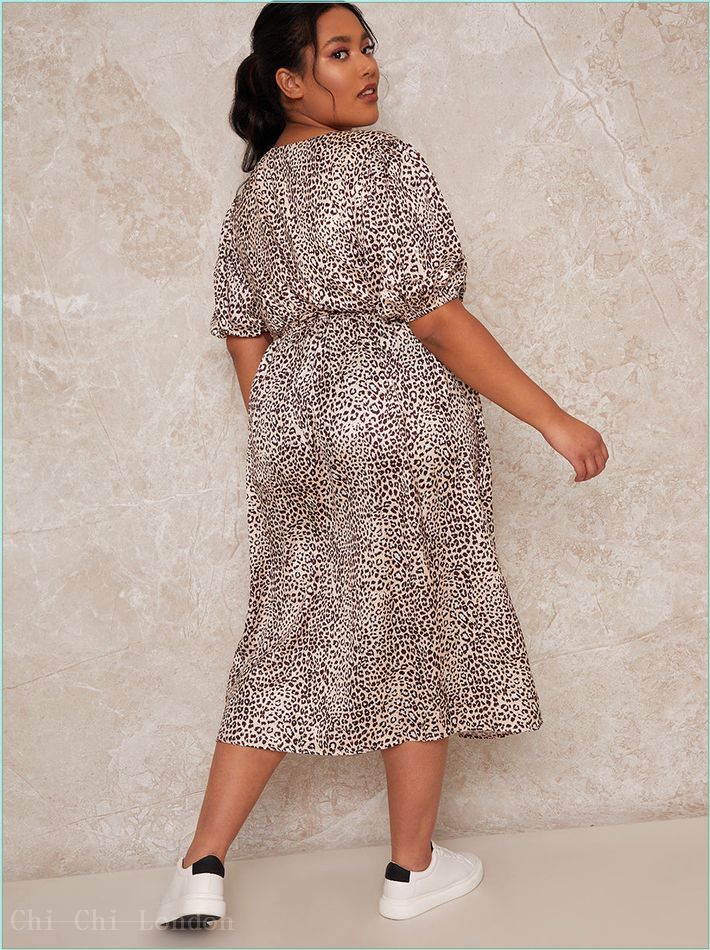  Plus Size Puff Sleeve Animal Print Midi Day Dress in Multi 30194CMU