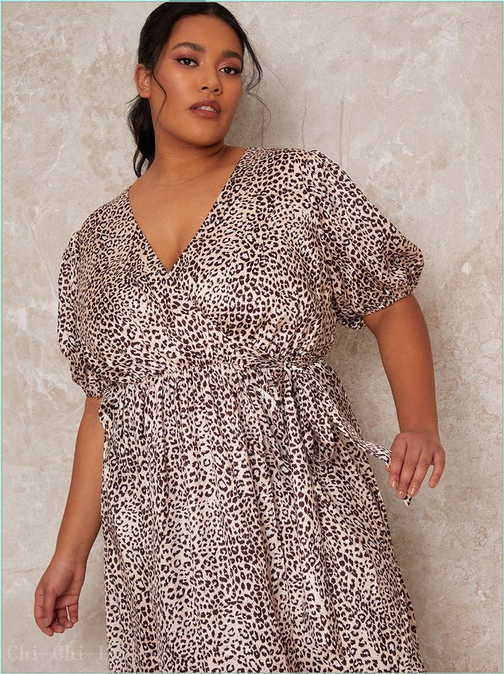  Plus Size Puff Sleeve Animal Print Midi Day Dress in Multi 30194CMU