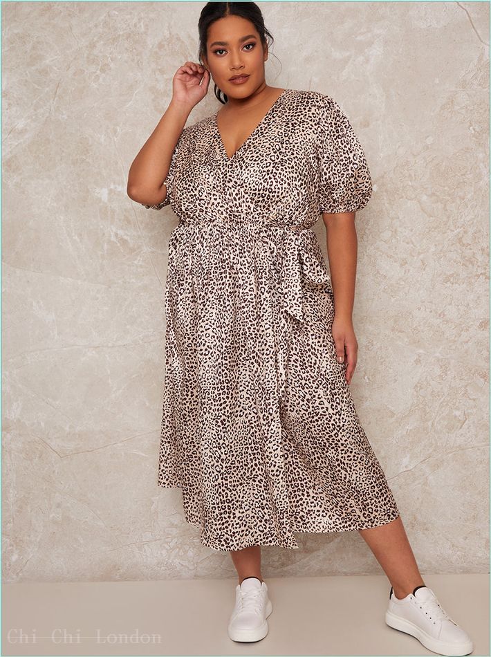  Plus Size Puff Sleeve Animal Print Midi Day Dress in Multi 30194CMU