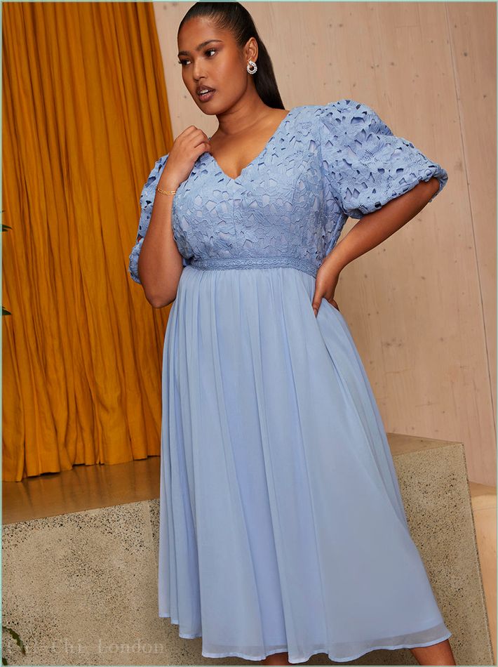  Plus Size Puff Sleeve Premium Lace Midi Dress in Blue MO0023CBL