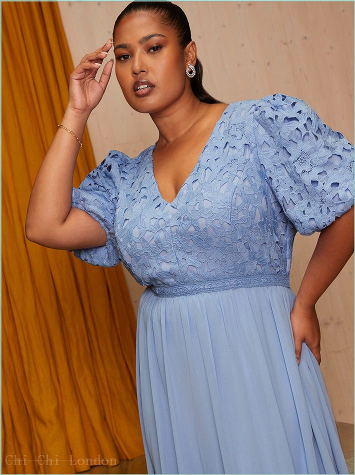  Plus Size Puff Sleeve Premium Lace Midi Dress in Blue MO0023CBL