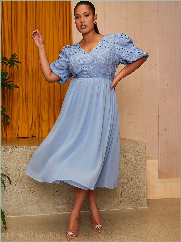  Plus Size Puff Sleeve Premium Lace Midi Dress in Blue MO0023CBL