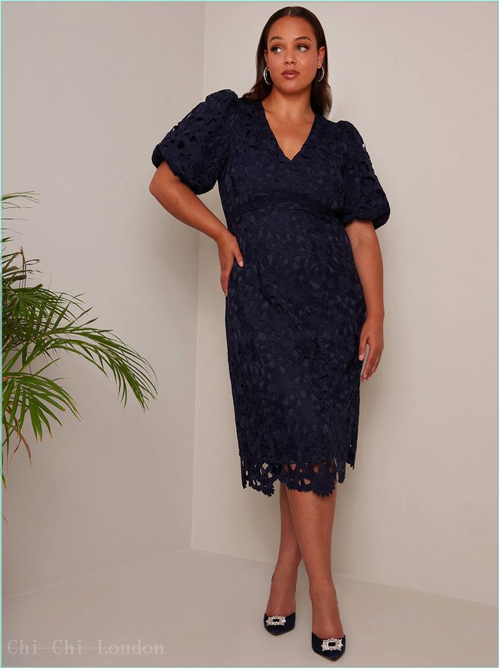  Plus Size Puff Sleeve Premium Lace Mini Dress in Navy MO0011CNB