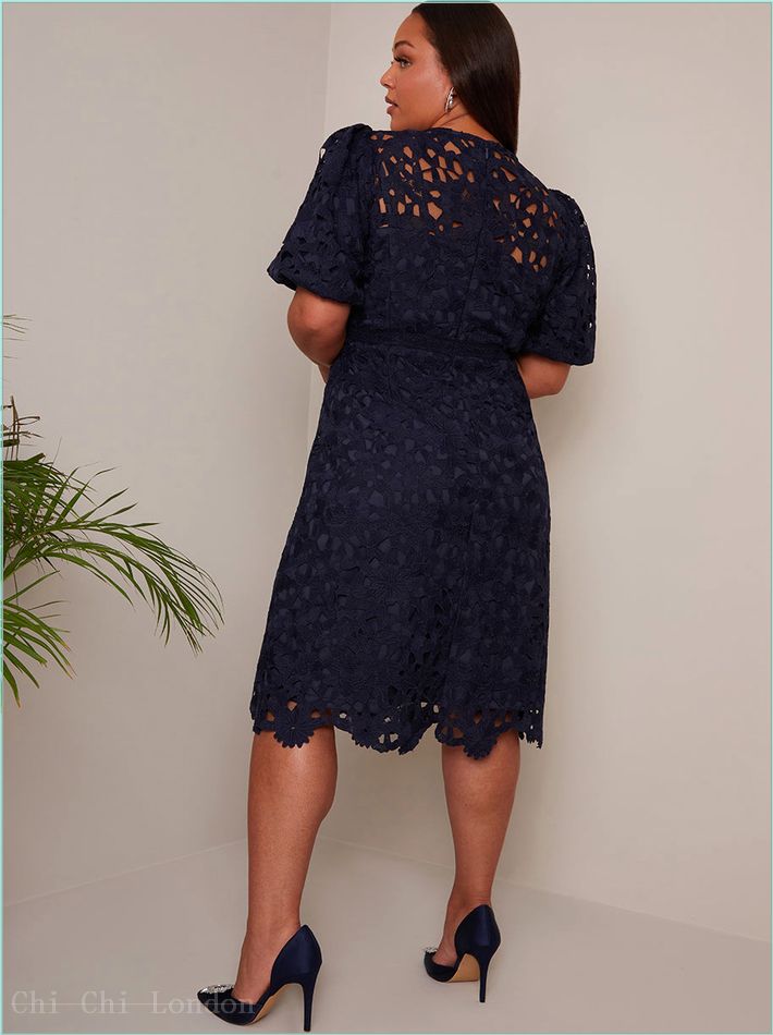  Plus Size Puff Sleeve Premium Lace Mini Dress in Navy MO0011CNB