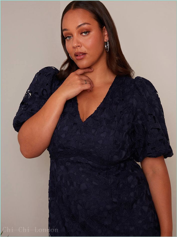  Plus Size Puff Sleeve Premium Lace Mini Dress in Navy MO0011CNB