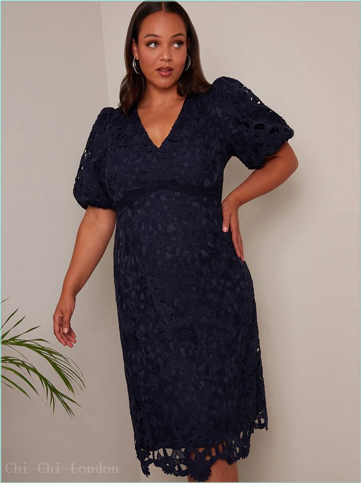  Plus Size Puff Sleeve Premium Lace Mini Dress in Navy MO0011CNB