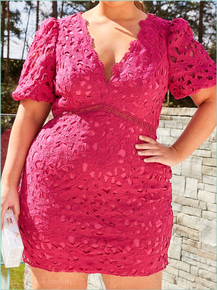  Plus Size Puff Sleeve Premium Lace Mini Dress in Pink 81005CPI