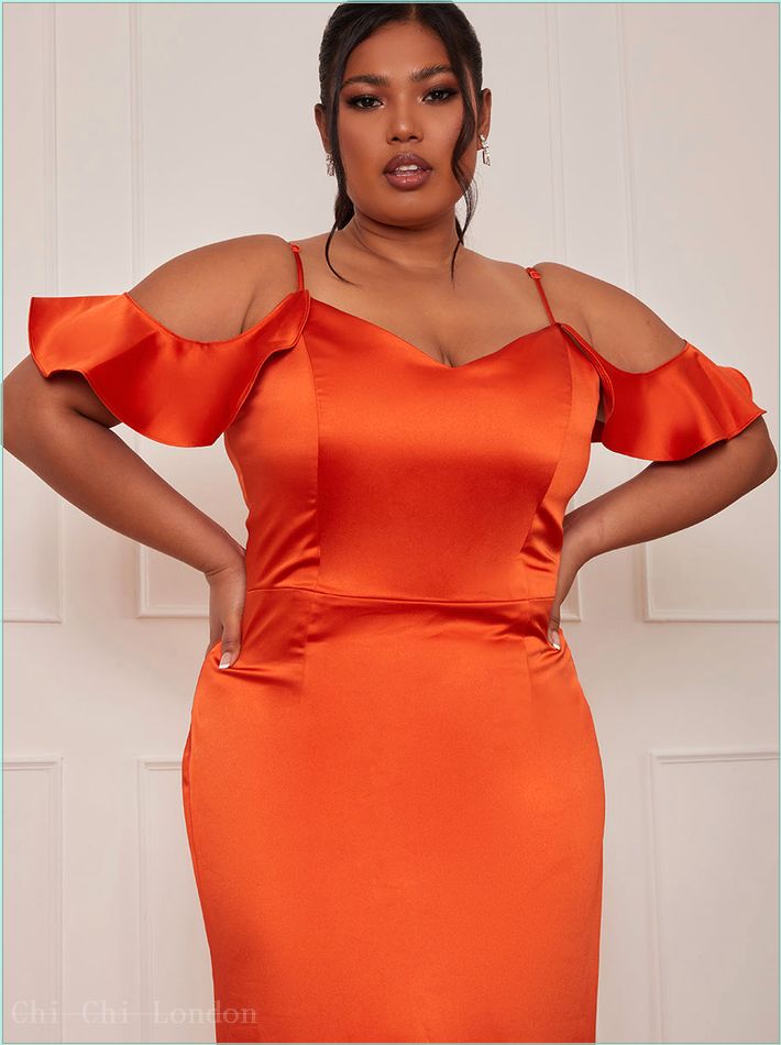  Plus Size Satin Cami Strap Ruffle Detail Bodycon Dress in Rust G002098CRU