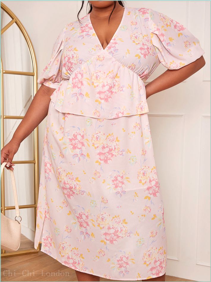  Plus Size Short Sleeve Floral Printed Midi Dress in Pink KH200CPI