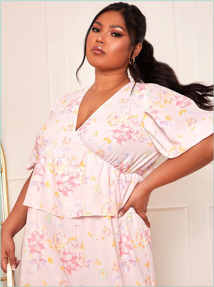  Plus Size Short Sleeve Floral Printed Midi Dress in Pink KH200CPI